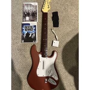 Nintendo Wii, Rock Band 3 Wireless Fender Guitar Bundle 2 Games Dongle & Strap